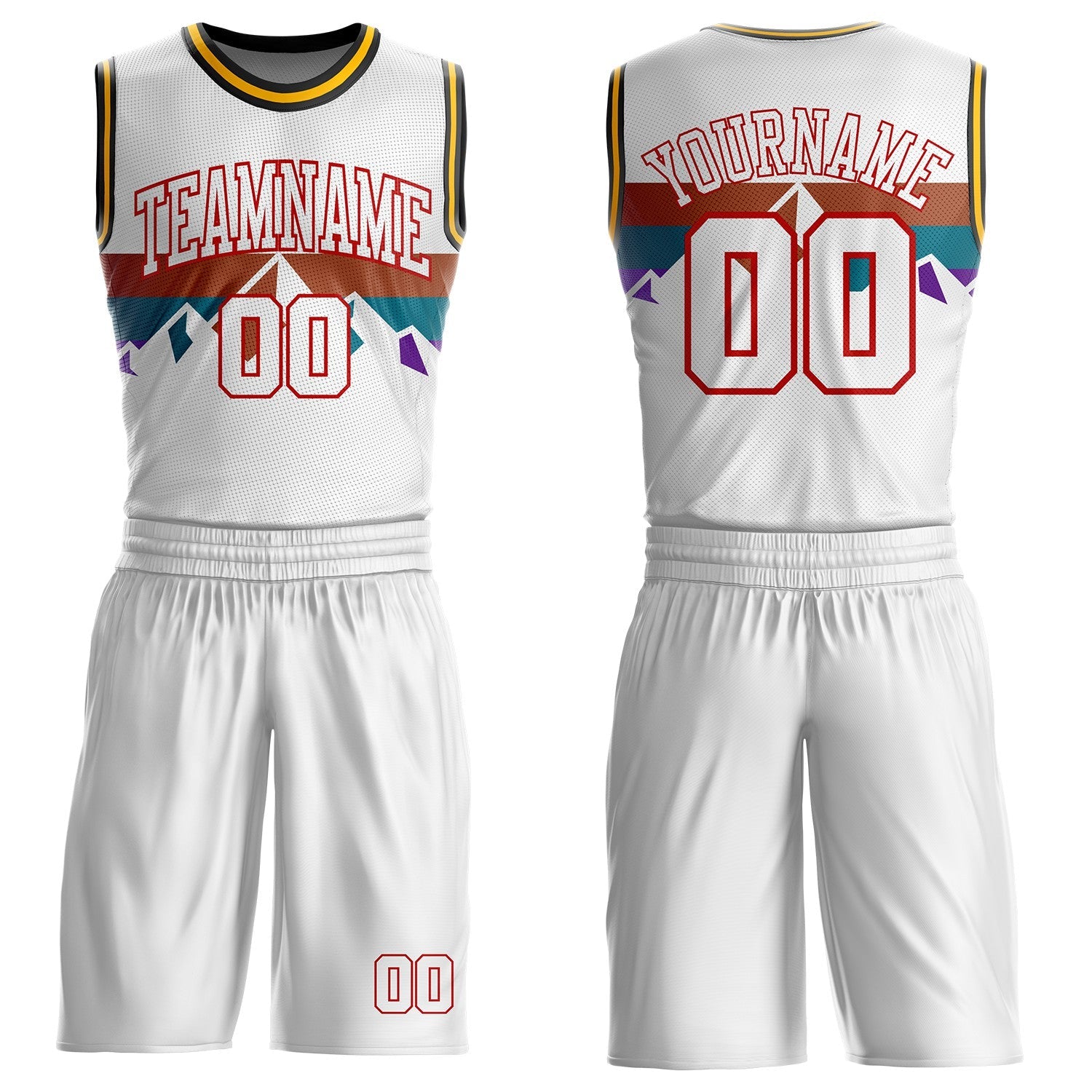 Custom White Texas Orange Teal Purple Red Black-Gold Mountain Geometric Stripe Round Neck Sublimation Basketball Uniform Jersey - Main View