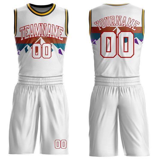 Custom White Texas Orange Teal Purple Red Black-Gold Mountain Geometric Stripe Round Neck Sublimation Basketball Uniform Jersey - Main View