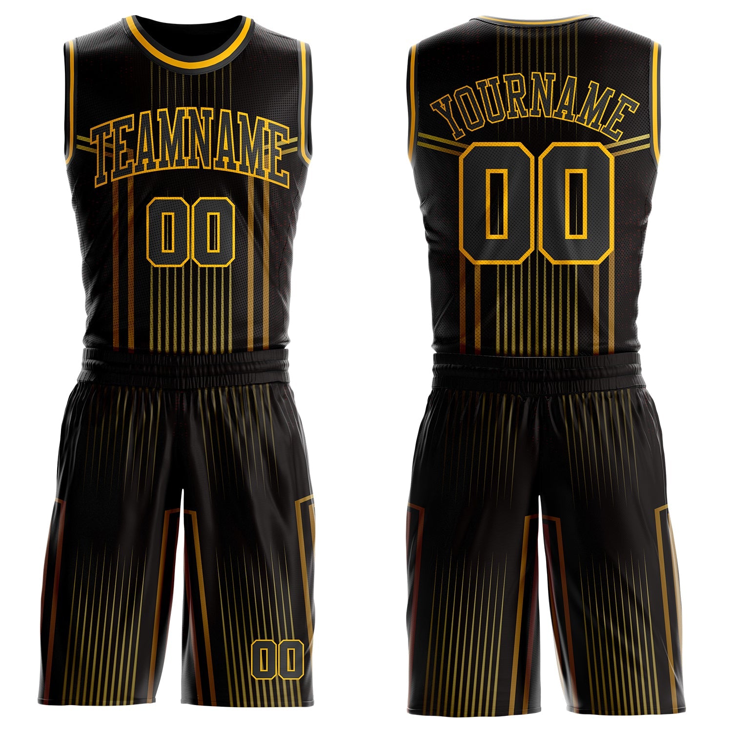 Custom Black Old Gold-Gold Vertical Stripe Gradient Round Neck Sublimation Basketball Uniform Jersey - Main View