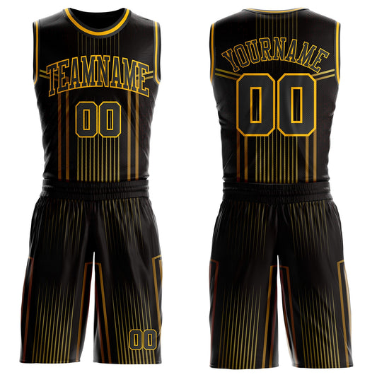 Custom Black Old Gold-Gold Vertical Stripe Gradient Round Neck Sublimation Basketball Uniform Jersey - Main View