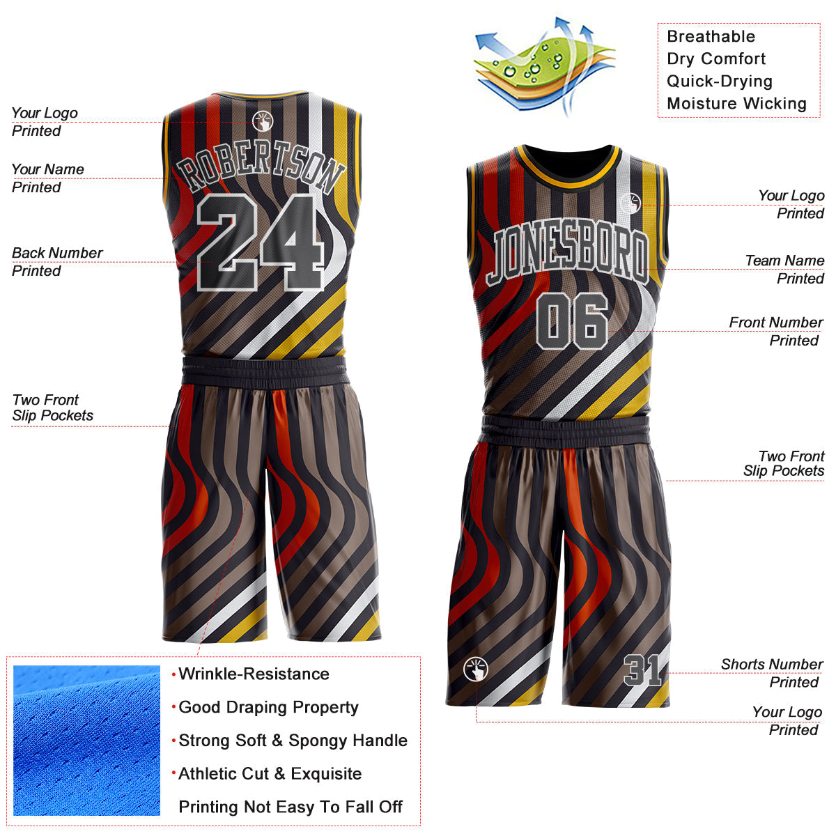 Custom Black Steel Gray Red White-Gold Wave Stripe Round Neck Sublimation Basketball Uniform Jersey view 2