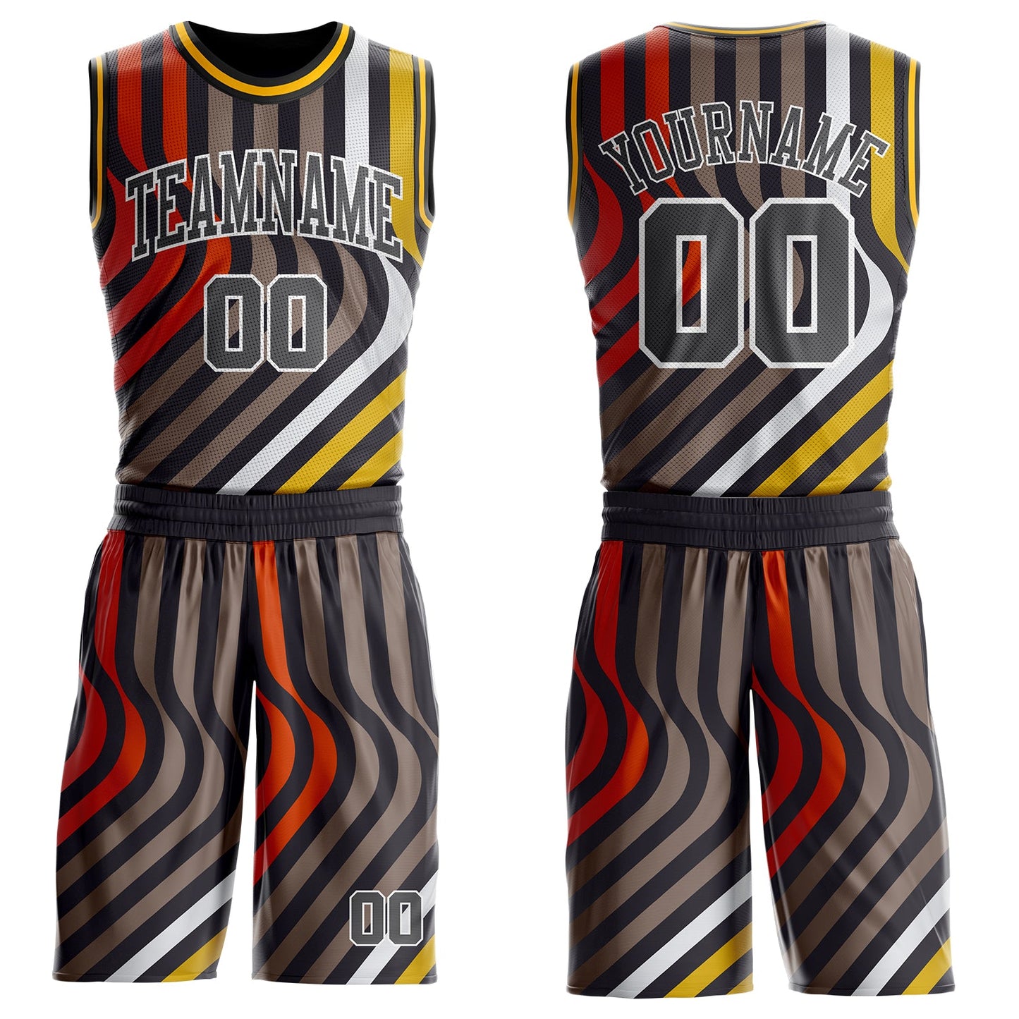 Custom Black Steel Gray Red White-Gold Wave Stripe Round Neck Sublimation Basketball Uniform Jersey - Main View