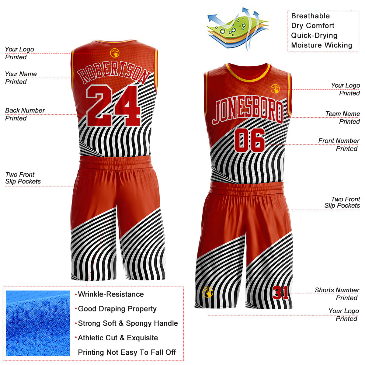 Custom Orange Red Black White-Gold Wave Stripe Round Neck Sublimation Basketball Uniform Jersey view 2
