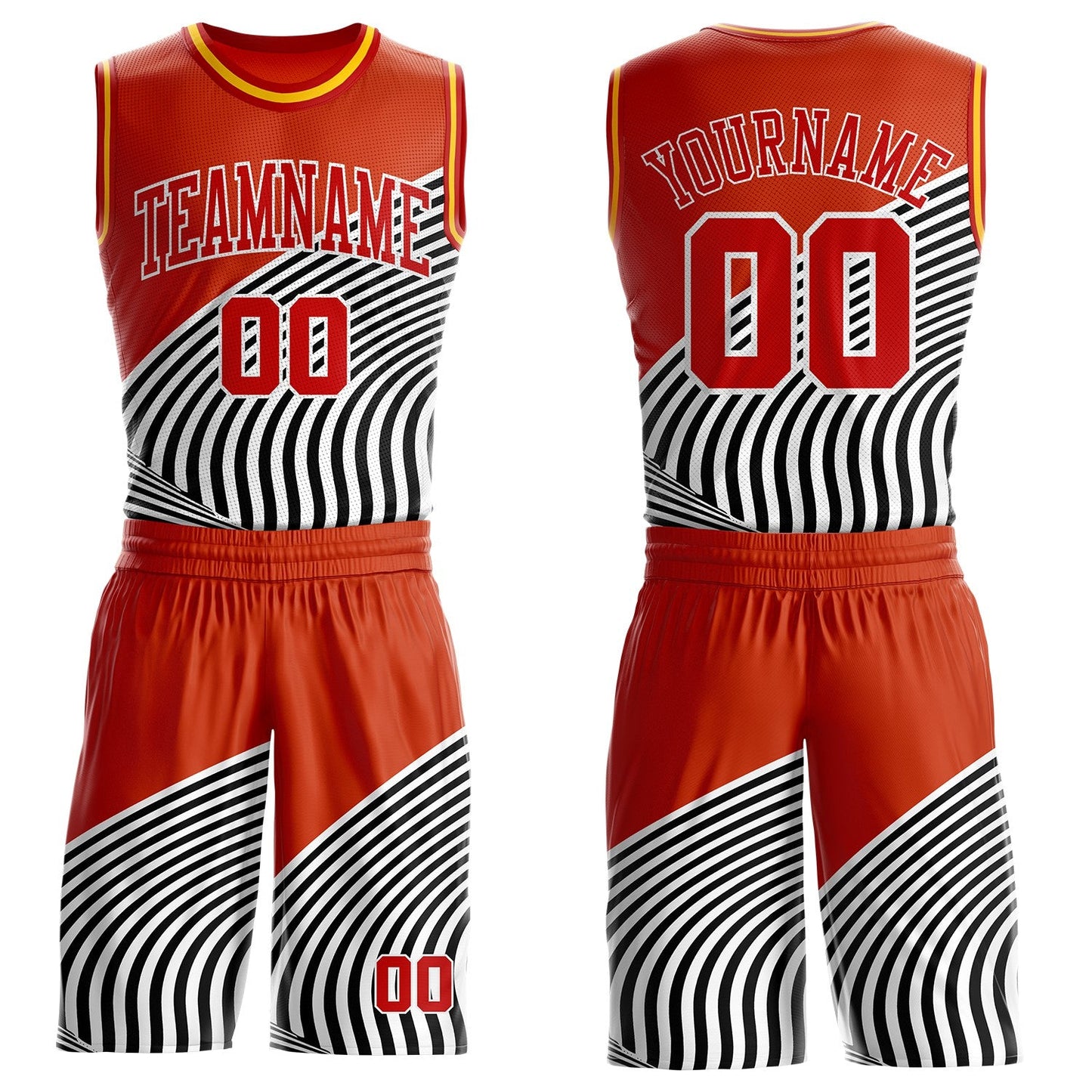 Custom Orange Red Black White-Gold Wave Stripe Round Neck Sublimation Basketball Uniform Jersey - Main View