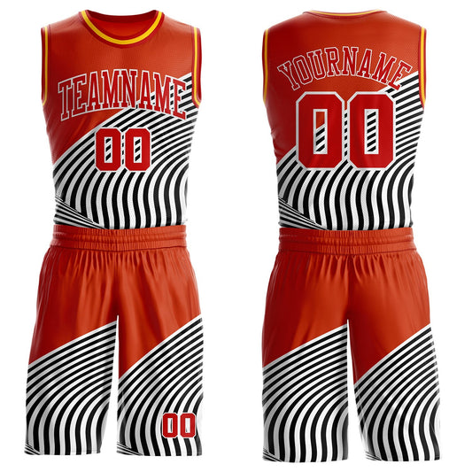 Custom Orange Red Black White-Gold Wave Stripe Round Neck Sublimation Basketball Uniform Jersey - Main View
