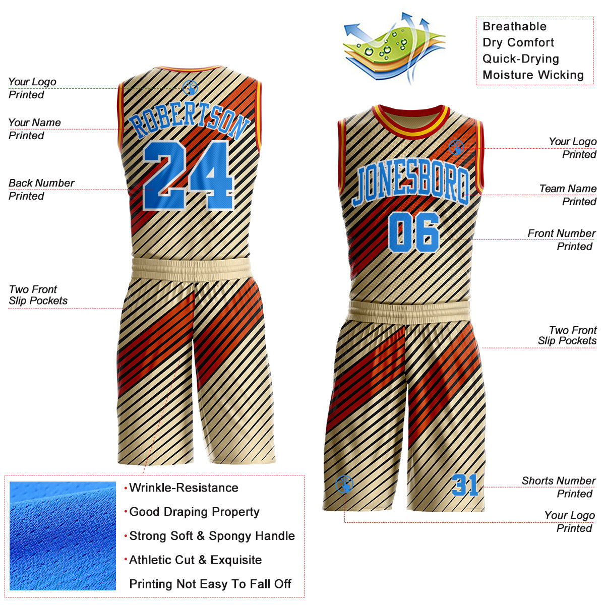 Custom Cream Powder Blue Black White Red-Gold Geometric Stripe Round Neck Sublimation Basketball Uniform Jersey view 2