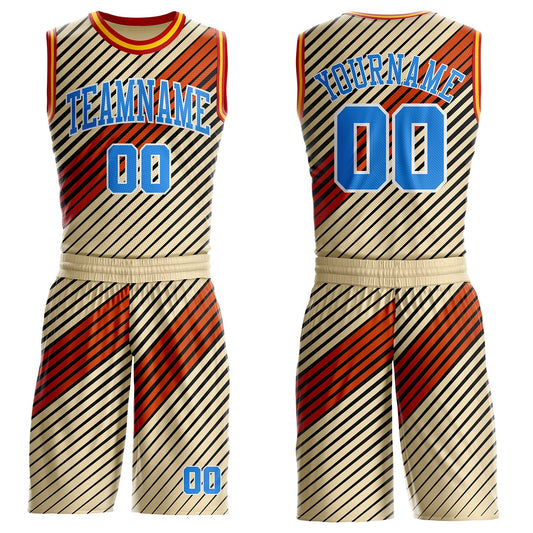 Custom Cream Powder Blue Black White Red-Gold Geometric Stripe Round Neck Sublimation Basketball Uniform Jersey - Main View