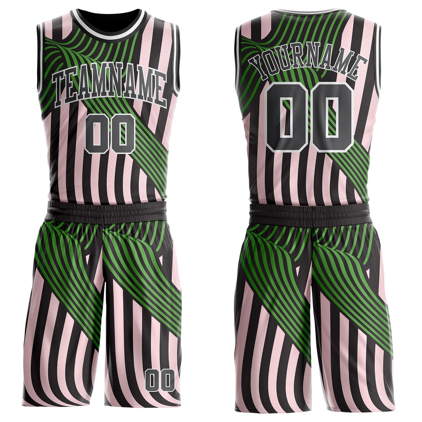 Custom Black Steel Gray Light Pink Green-White Wave Stripe Round Neck Sublimation Basketball Uniform Jersey - Main View