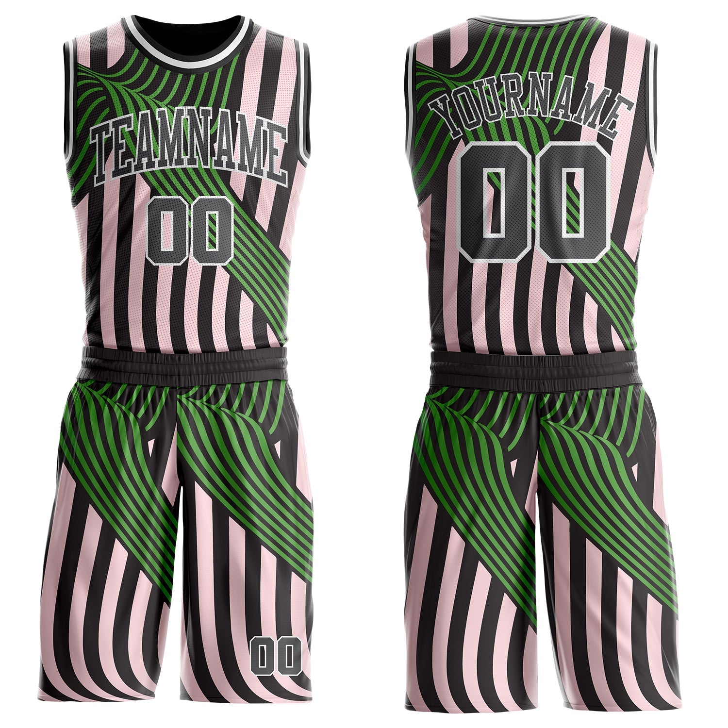 Custom Black Steel Gray Light Pink Green-White Wave Stripe Round Neck Sublimation Basketball Uniform Jersey - Main View
