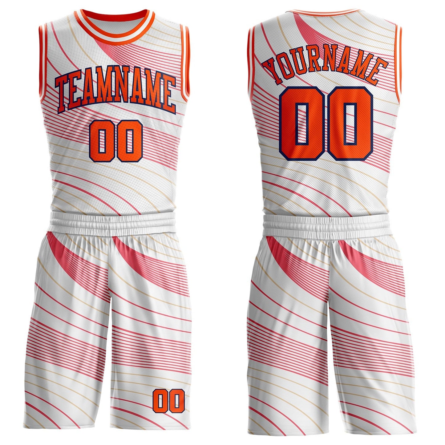 Custom White Orange Neon Pink Old Gold-Navy Wave Stripe Round Neck Sublimation Basketball Uniform Jersey - Main View