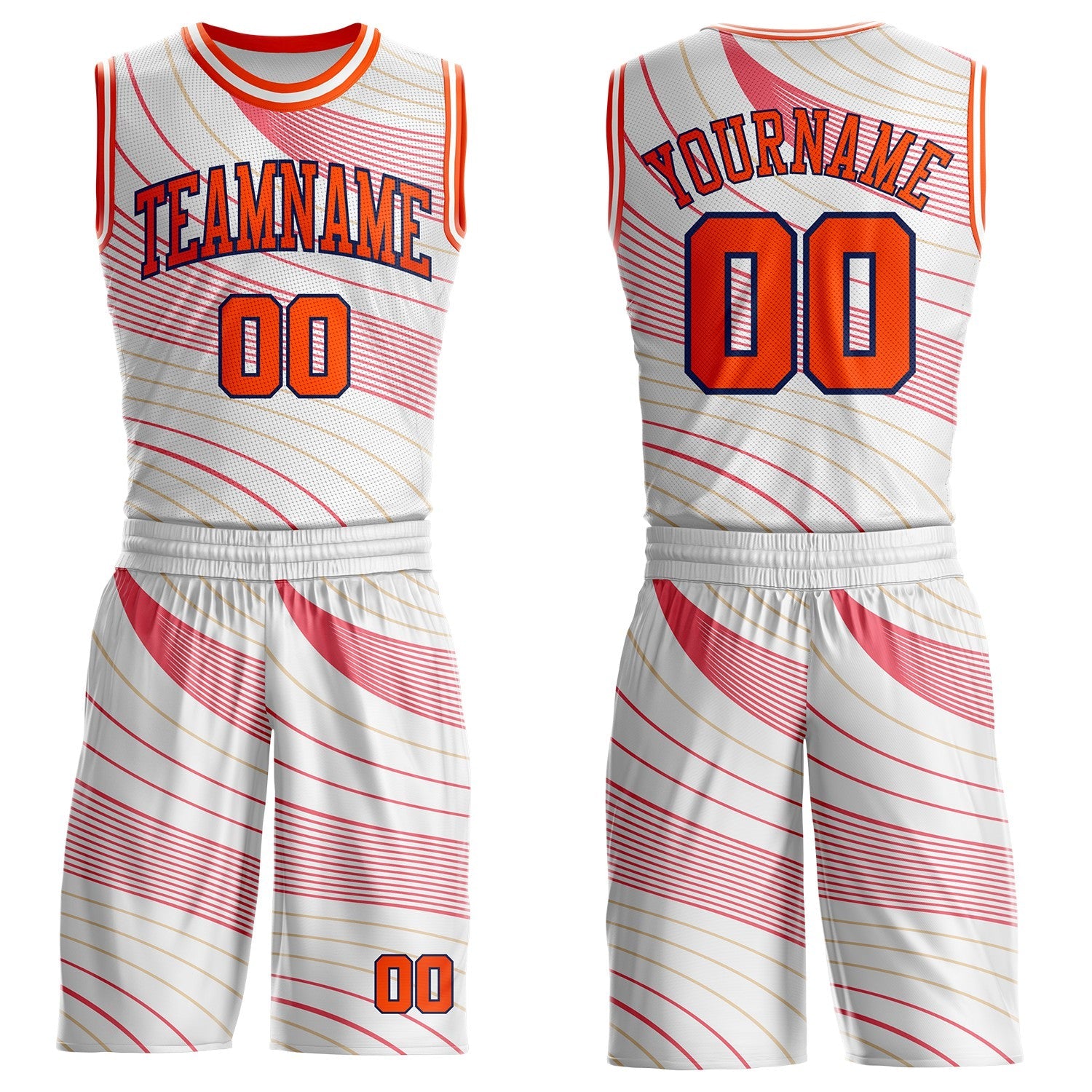Custom White Orange Neon Pink Old Gold-Navy Wave Stripe Round Neck Sublimation Basketball Uniform Jersey - Main View