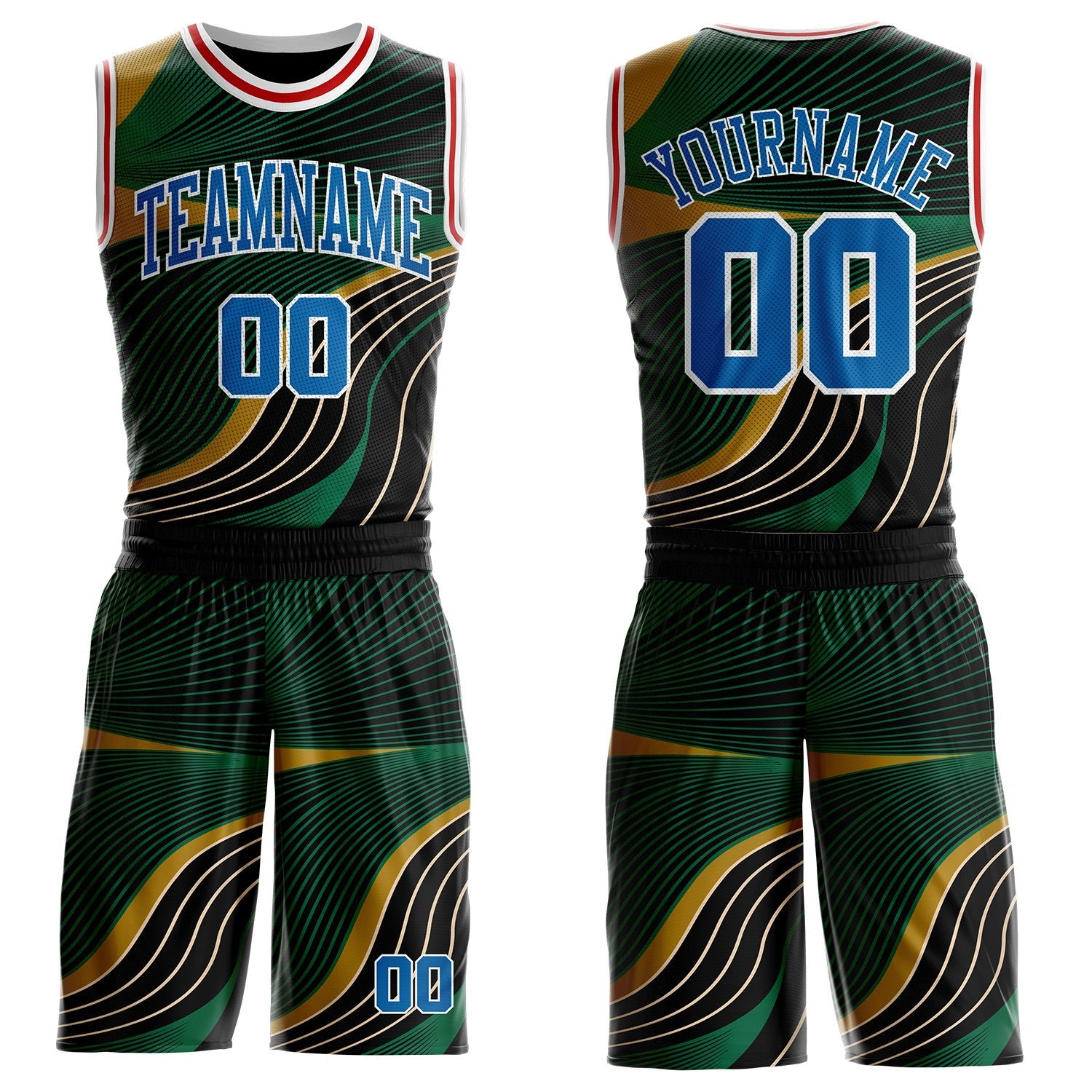 Custom Black Blue Green Old Gold White-Red Wave Stripe Round Neck Sublimation Basketball Uniform Jersey - Main View
