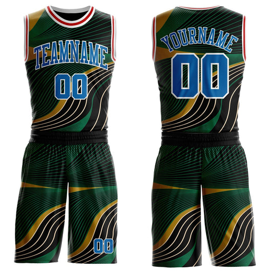 Custom Black Blue Green Old Gold White-Red Wave Stripe Round Neck Sublimation Basketball Uniform Jersey - Main View