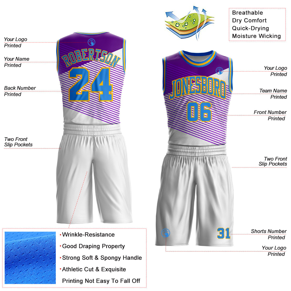 Custom White Powder Blue Purple-Gold Diagonal Stripe Round Neck Sublimation Basketball Uniform Jersey view 2