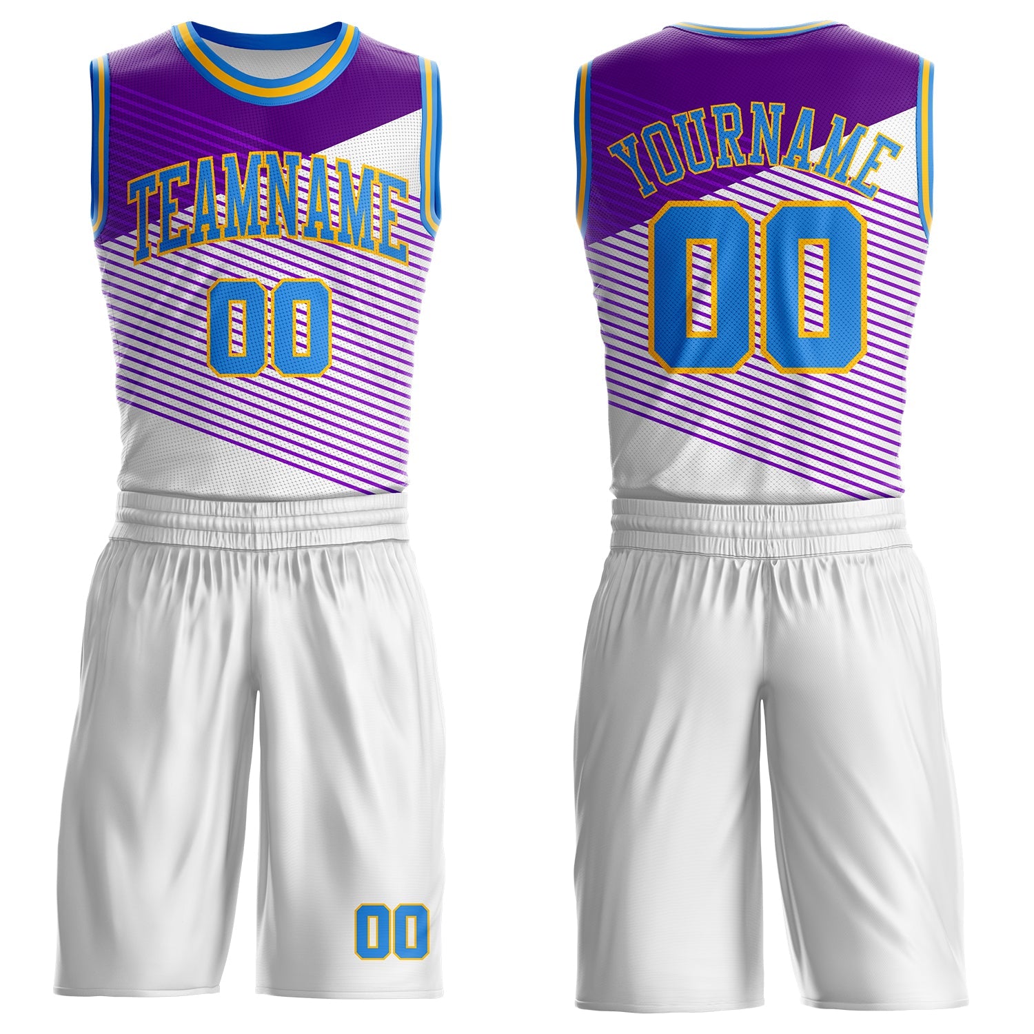 Custom White Powder Blue Purple-Gold Diagonal Stripe Round Neck Sublimation Basketball Uniform Jersey - Main View
