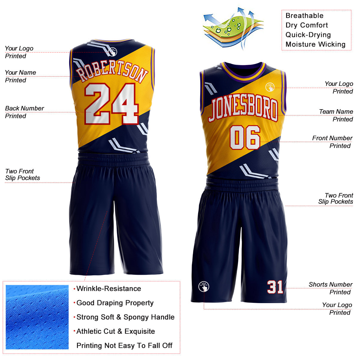 Custom Navy White Red Purple-Gold Diagonal Split Arrow Stripe Round Neck Sublimation Basketball Uniform Jersey view 2