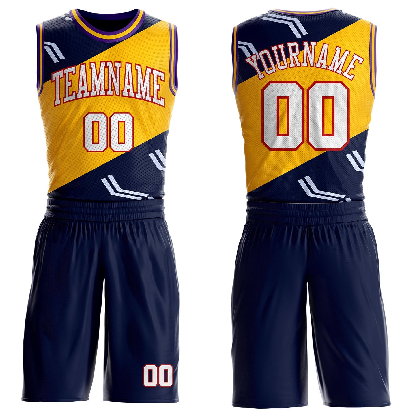 Custom Navy White Red Purple-Gold Diagonal Split Arrow Stripe Round Neck Sublimation Basketball Uniform Jersey - Main View