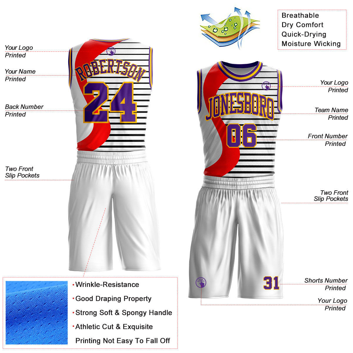 Custom White Purple Red-Gold Wave Stripe Round Neck Sublimation Basketball Uniform Jersey view 2