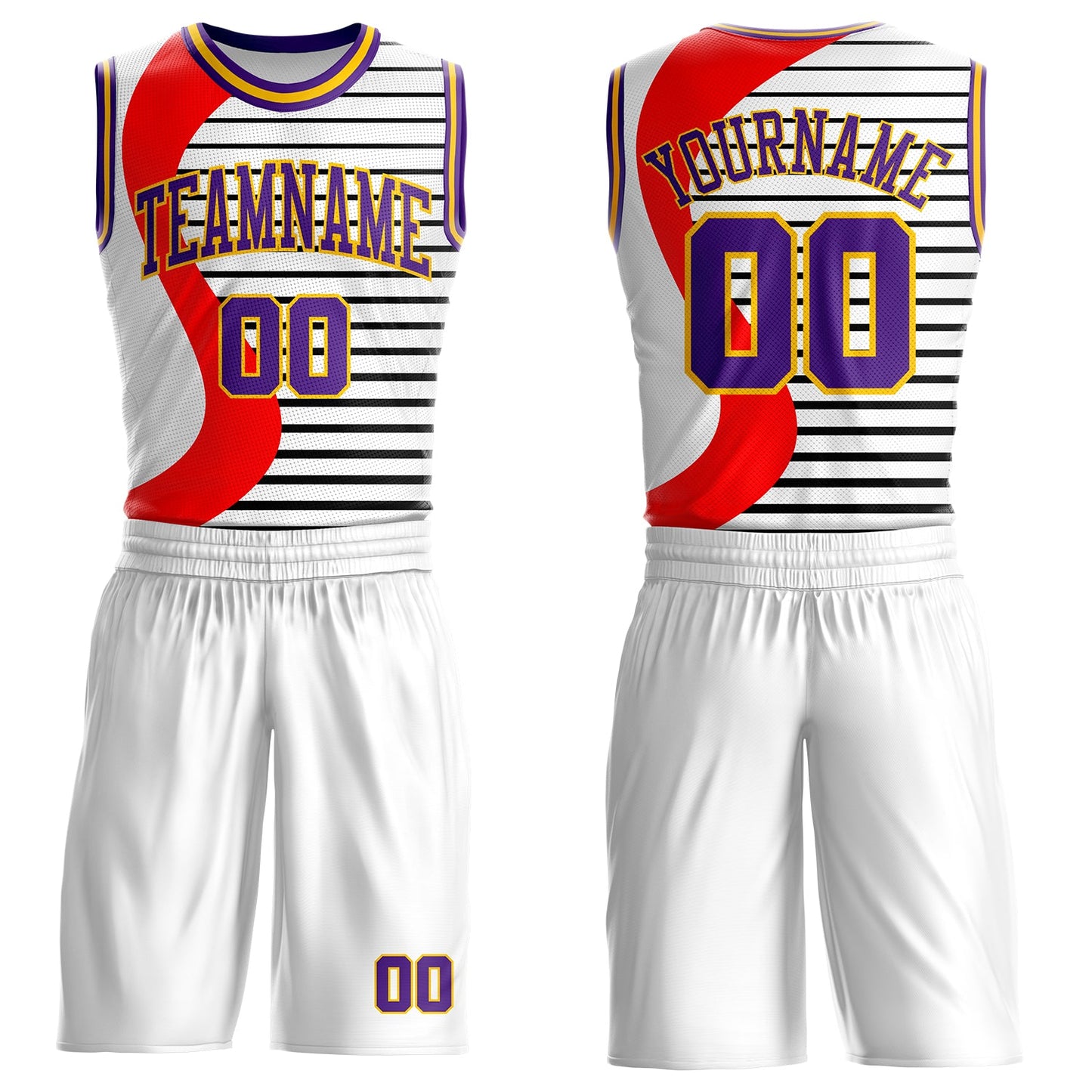 Custom White Purple Red-Gold Wave Stripe Round Neck Sublimation Basketball Uniform Jersey - Main View