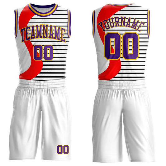 Custom White Purple Red-Gold Wave Stripe Round Neck Sublimation Basketball Uniform Jersey - Main View