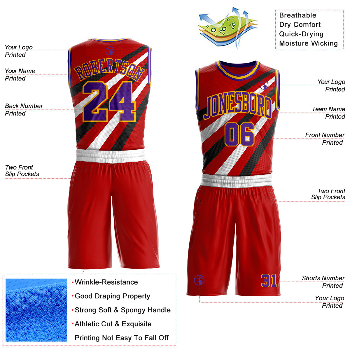 Custom Red Purple Black-Gold Diagonal Stripe Round Neck Sublimation Basketball Uniform Jersey view 2