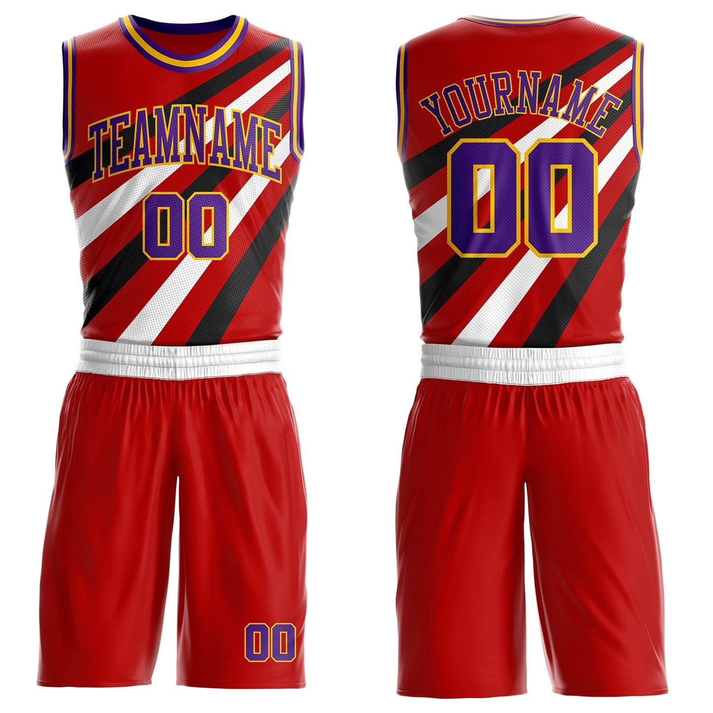 Custom Red Purple Black-Gold Diagonal Stripe Round Neck Sublimation Basketball Uniform Jersey - Main View