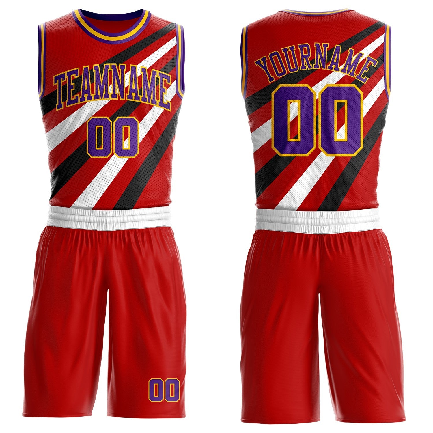 Custom Red Purple Black-Gold Diagonal Stripe Round Neck Sublimation Basketball Uniform Jersey - Main View