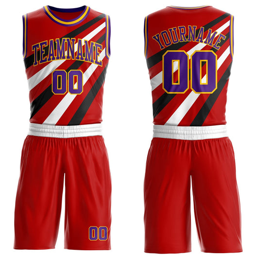 Custom Red Purple Black-Gold Diagonal Stripe Round Neck Sublimation Basketball Uniform Jersey - Main View