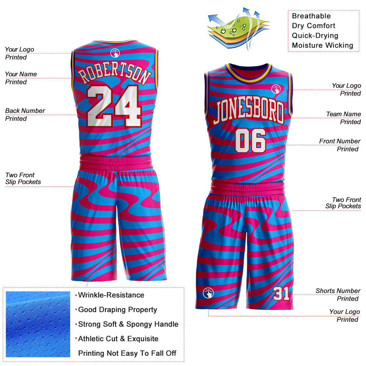 Custom Hot Pink White Blue Red Purple-Gold Wave Stripe Fluid Round Neck Sublimation Basketball Uniform Jersey view 2