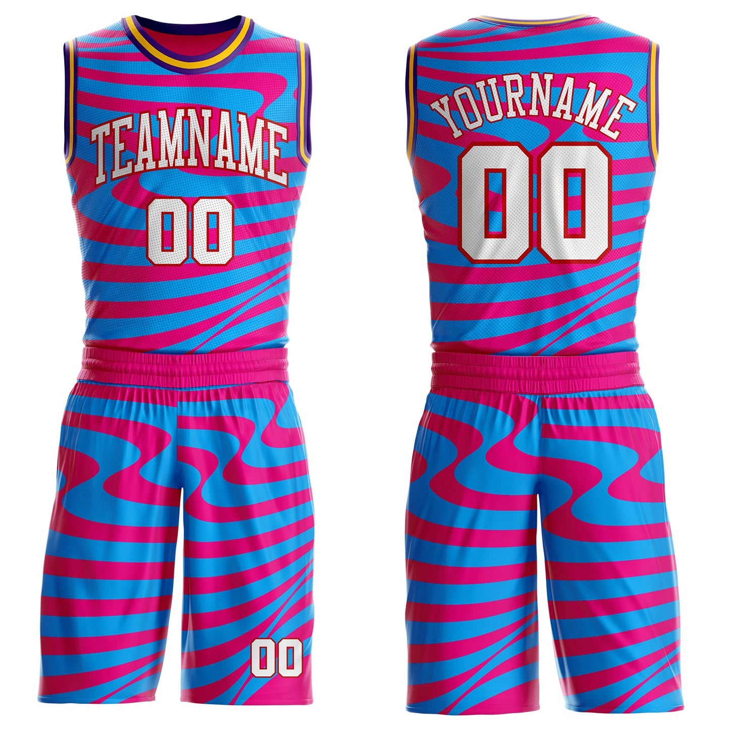 Custom Hot Pink White Blue Red Purple-Gold Wave Stripe Fluid Round Neck Sublimation Basketball Uniform Jersey - Main View