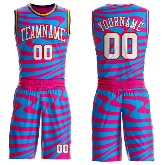 Custom Hot Pink White Blue Red Purple-Gold Wave Stripe Fluid Round Neck Sublimation Basketball Uniform Jersey - Main View
