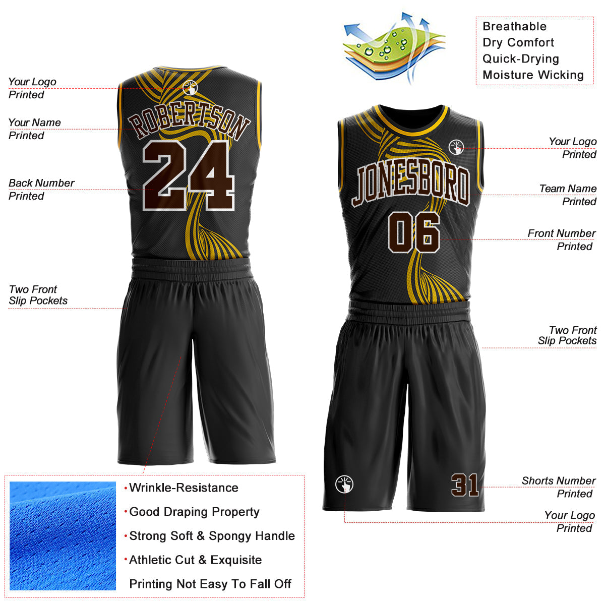 Custom Black Brown White-Yellow Stream Wave Stripe Round Neck Sublimation Basketball Uniform Jersey view 2