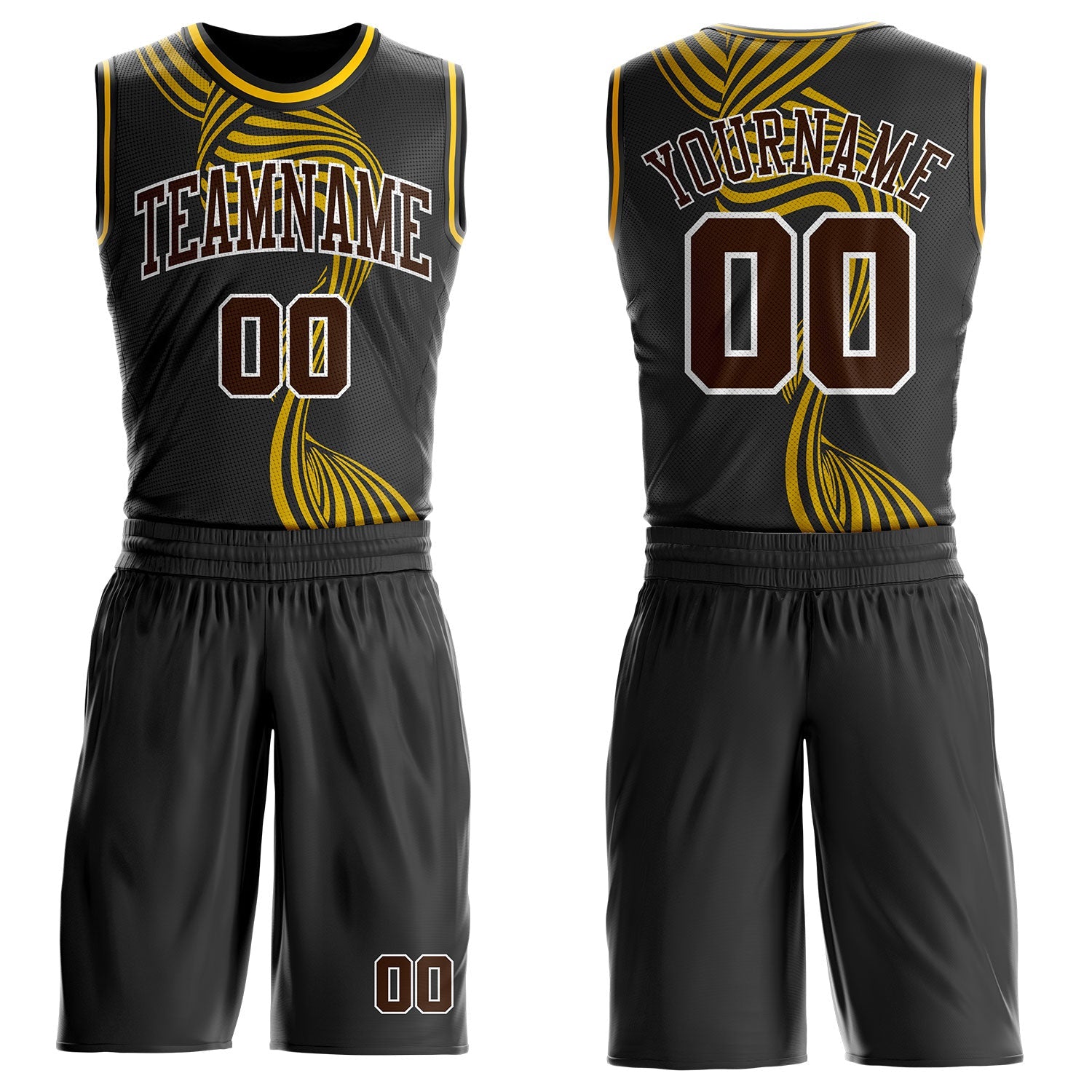 Custom Black Brown White-Yellow Stream Wave Stripe Round Neck Sublimation Basketball Uniform Jersey - Main View