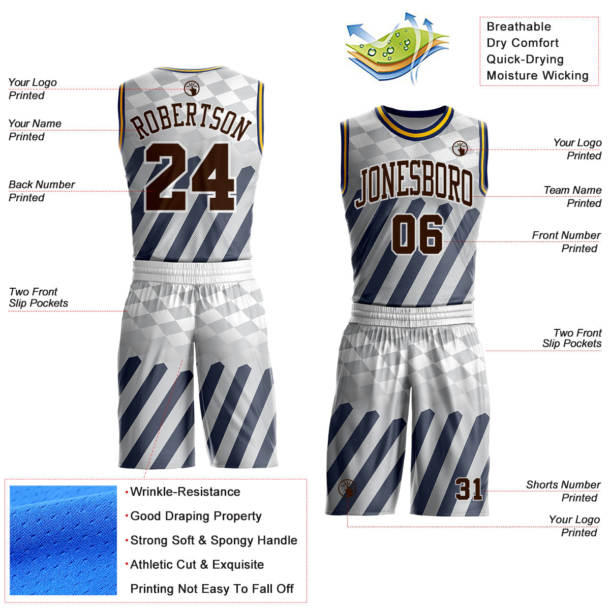 Custom White Brown Gray Navy-Yellow Checkerboard Diagonal Stripe Round Neck Sublimation Basketball Uniform Jersey view 2