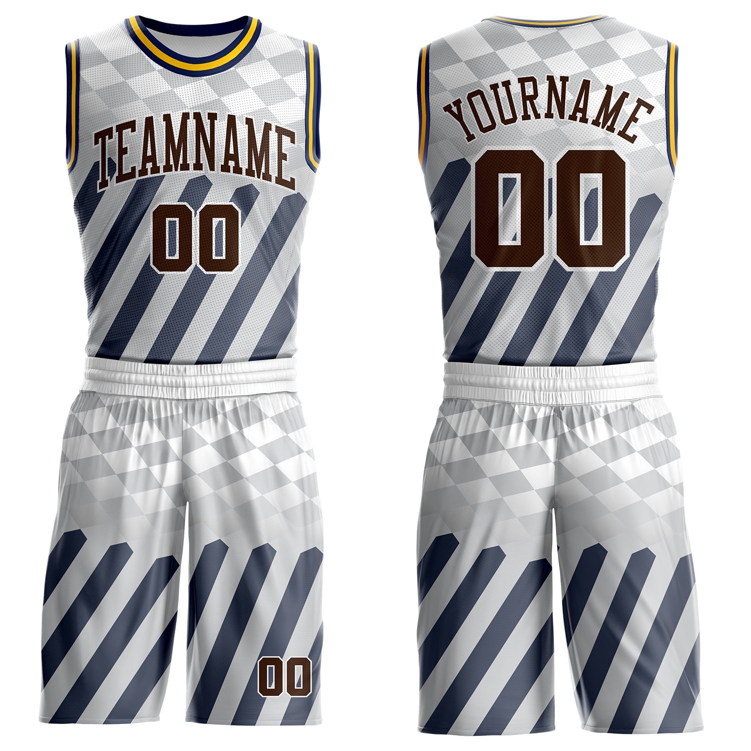 Custom White Brown Gray Navy-Yellow Checkerboard Diagonal Stripe Round Neck Sublimation Basketball Uniform Jersey - Main View