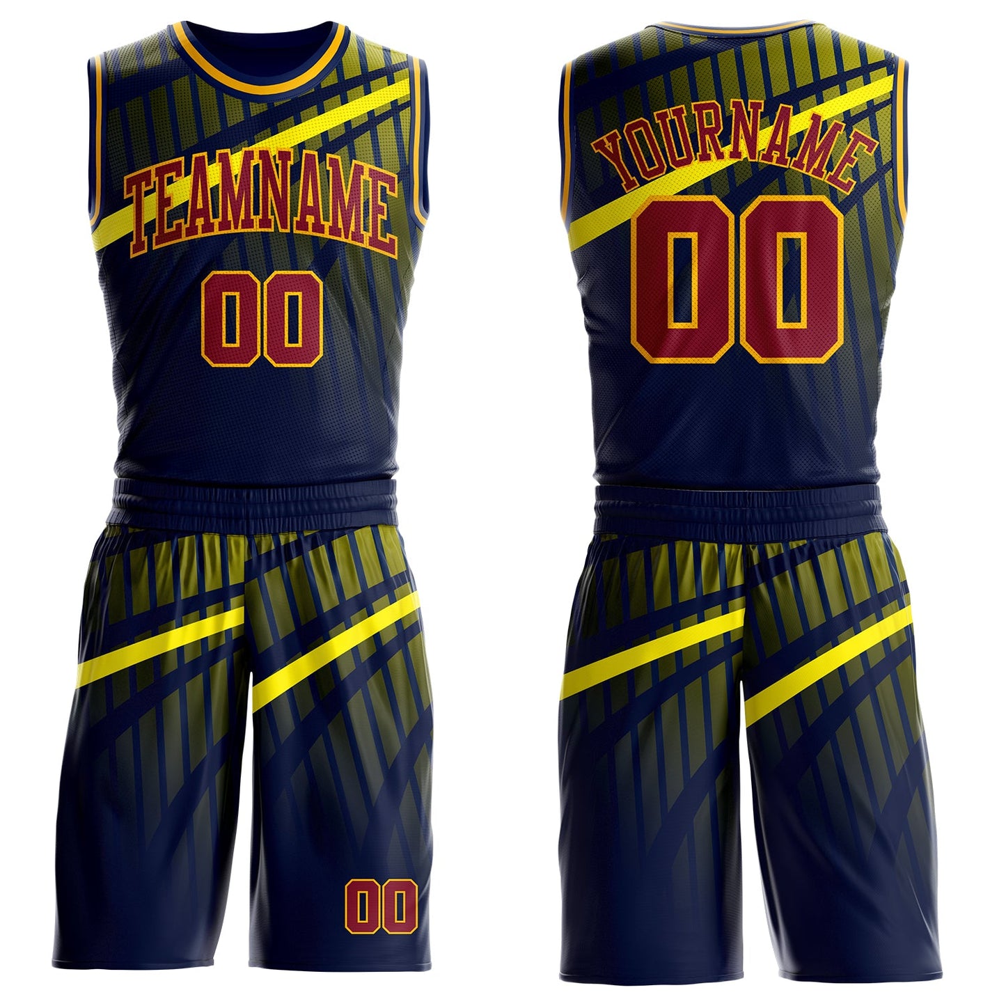 Custom Blue Crimson Gold-Navy Gradient Grid Stripe Round Neck Sublimation Basketball Uniform Jersey - Main View