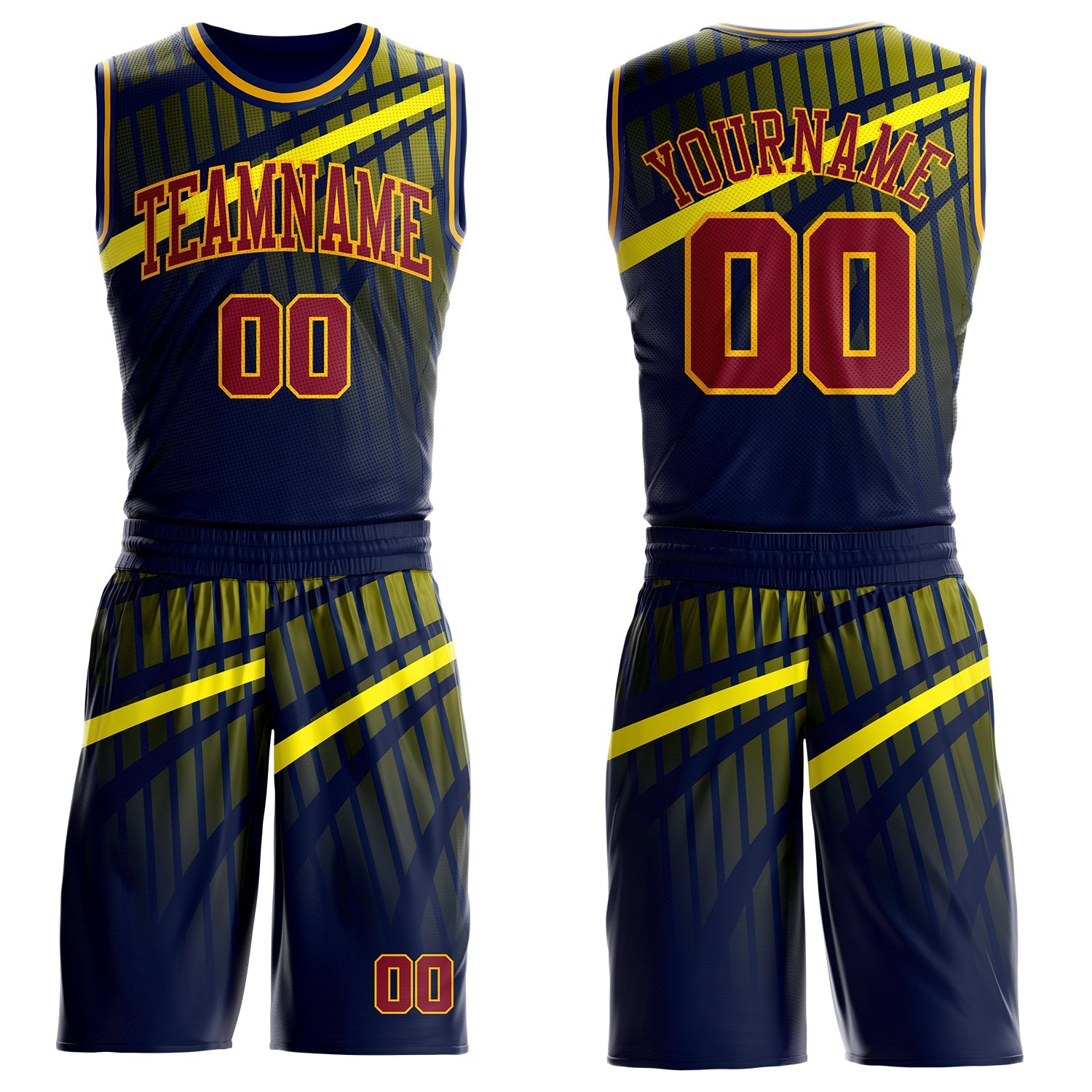 Custom Blue Crimson Gold-Navy Gradient Grid Stripe Round Neck Sublimation Basketball Uniform Jersey - Main View