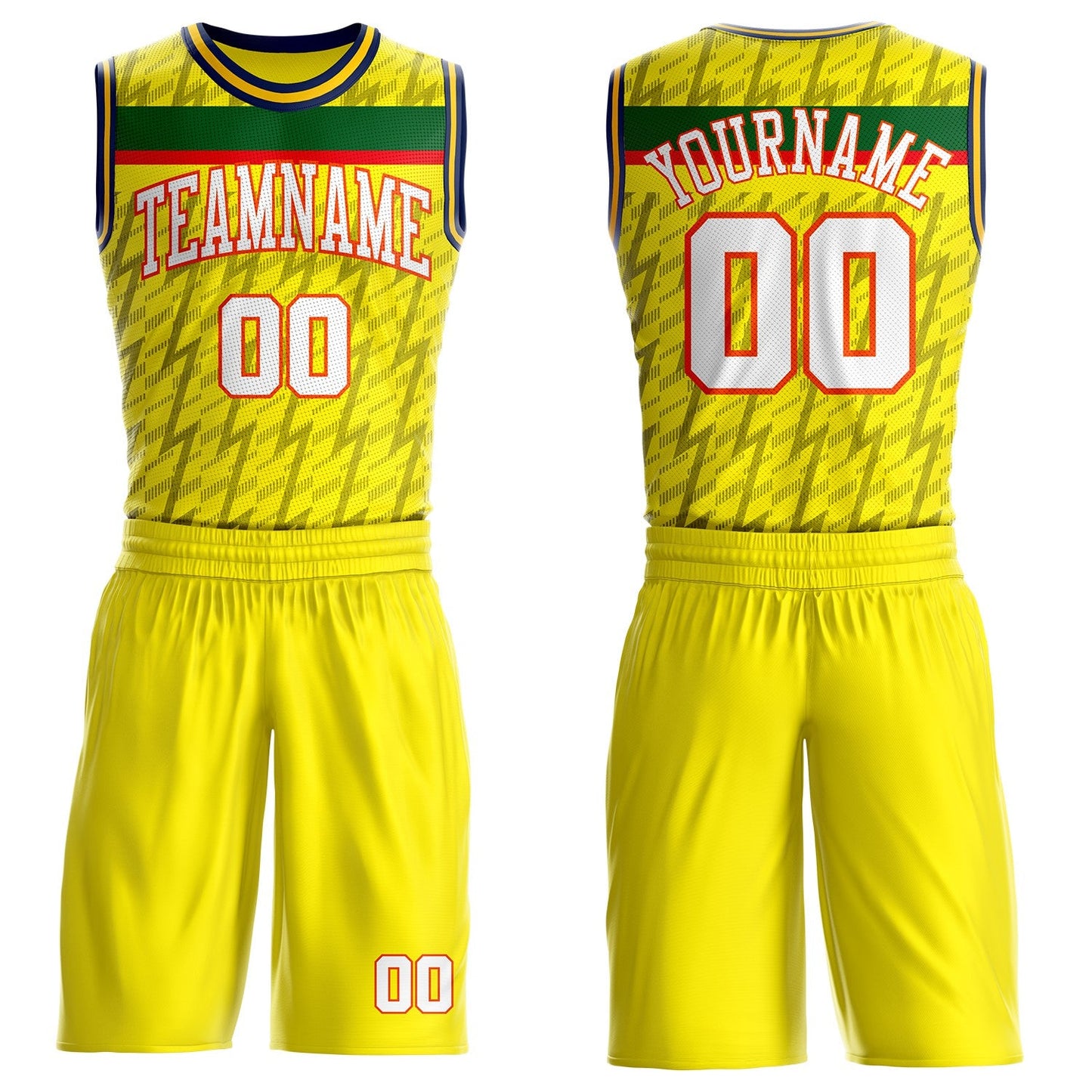 Custom Yellow White Green Gray Orange-Navy Lightning Stripe Round Neck Sublimation Basketball Uniform Jersey - Main View
