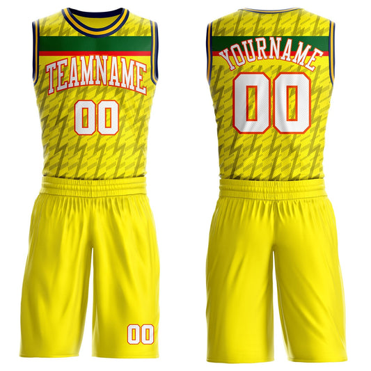 Custom Yellow White Green Gray Orange-Navy Lightning Stripe Round Neck Sublimation Basketball Uniform Jersey - Main View