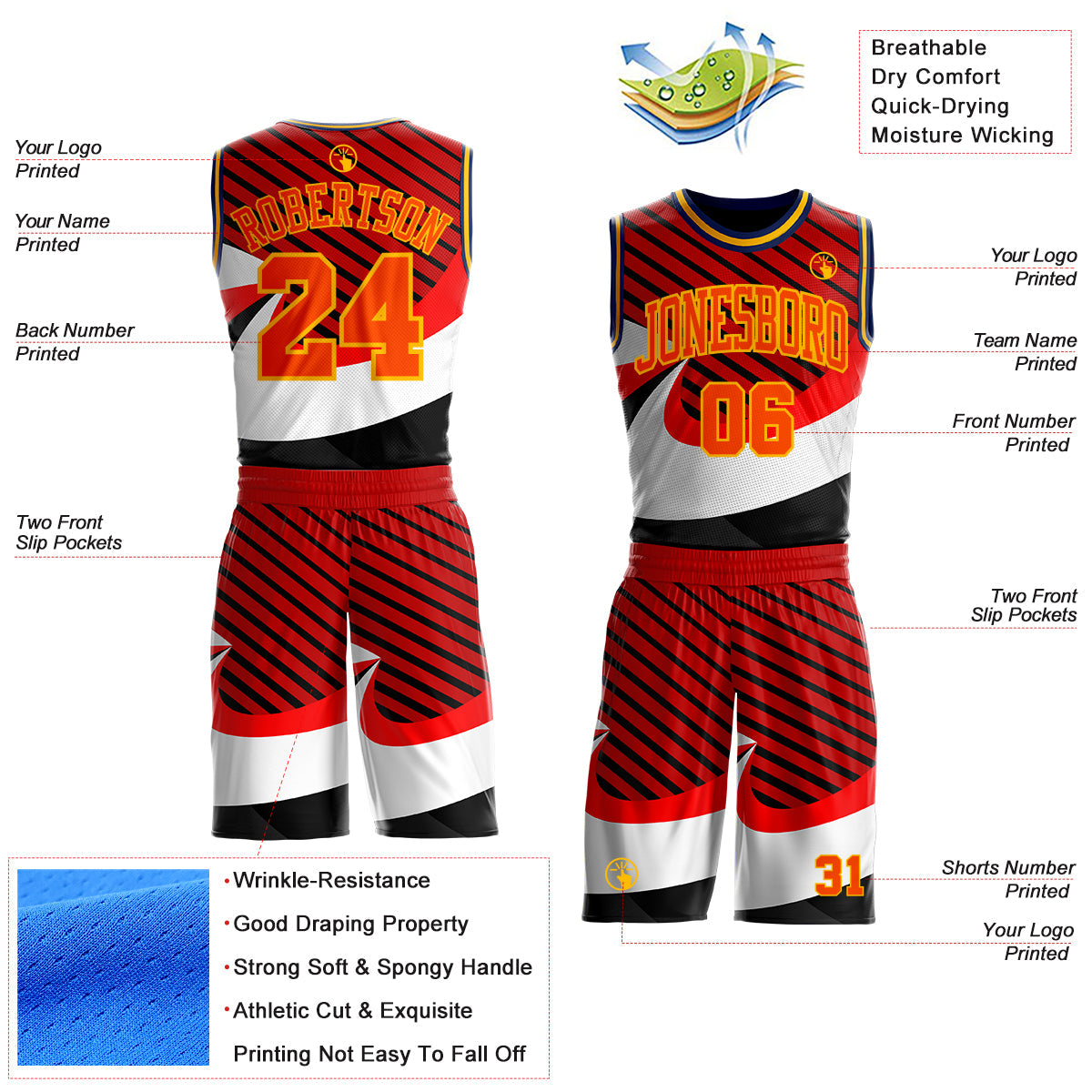 Custom Red Orange Black Gold-Navy Wave Stripe Round Neck Sublimation Basketball Uniform Jersey view 2