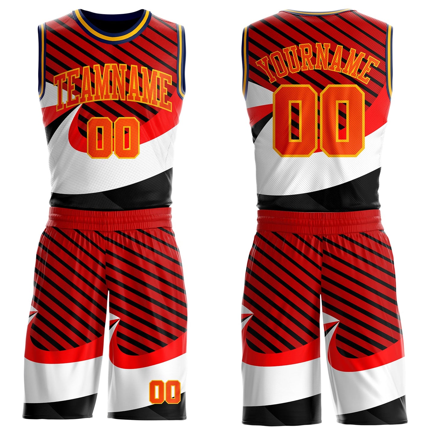 Custom Red Orange Black Gold-Navy Wave Stripe Round Neck Sublimation Basketball Uniform Jersey - Main View