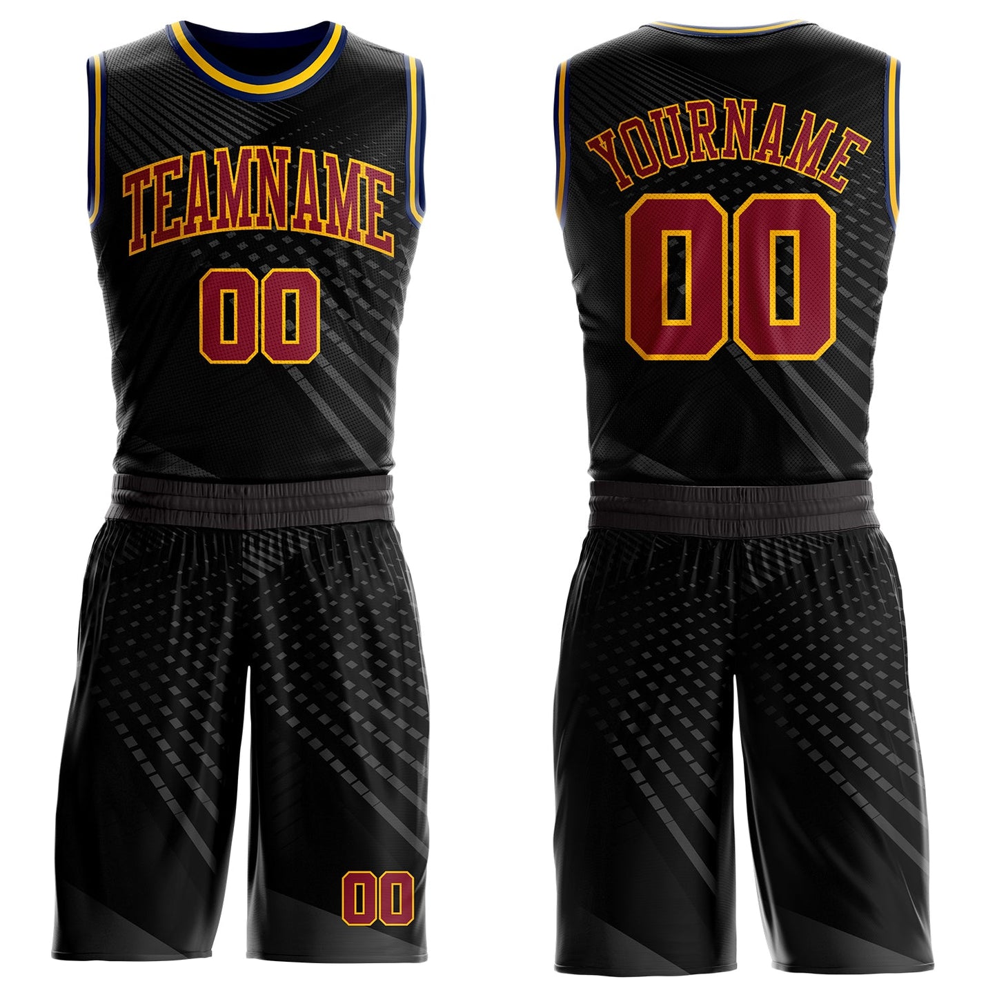 Custom Black Crimson Gray Gold Navy-Yellow Gradient Grid Stripe Round Neck Sublimation Basketball Uniform Jersey - Main View