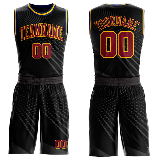 Custom Black Crimson Gray Gold Navy-Yellow Gradient Grid Stripe Round Neck Sublimation Basketball Uniform Jersey - Main View