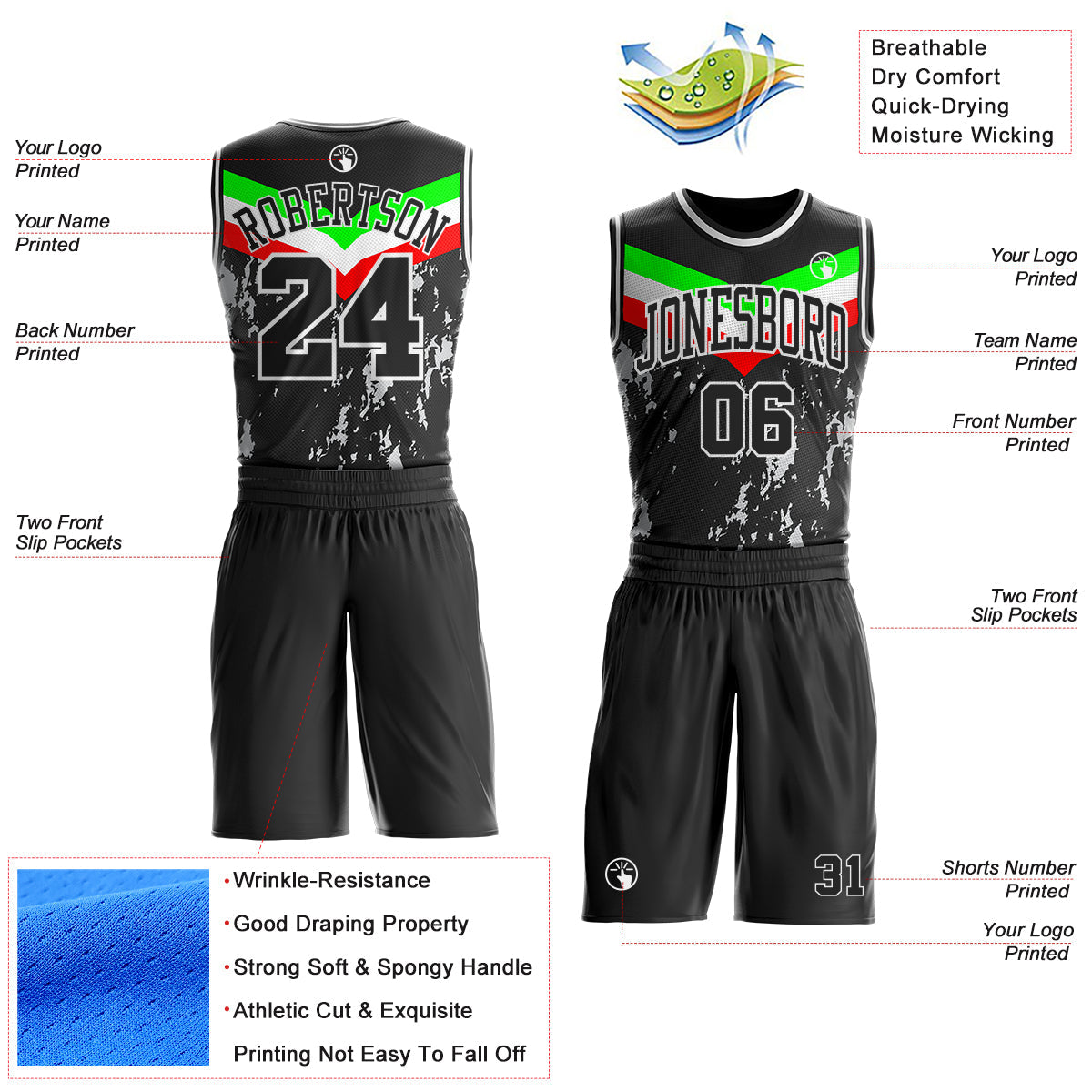 Custom Black Neon Green Red-White Geometric Chevron Stripe Paint Splatter Round Neck Sublimation Basketball Uniform Jersey view 2