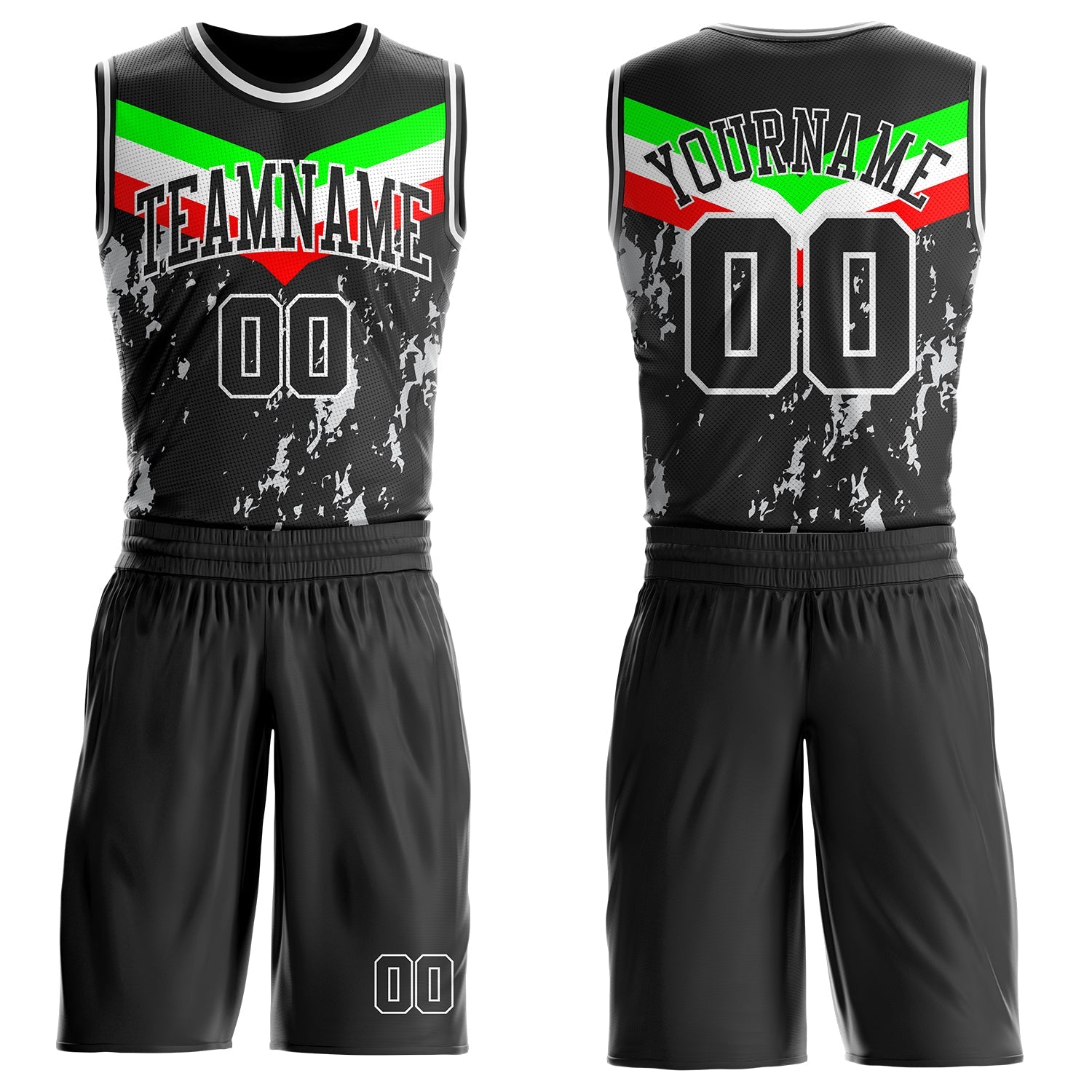 Custom Black Neon Green Red-White Geometric Chevron Stripe Paint Splatter Round Neck Sublimation Basketball Uniform Jersey - Main View