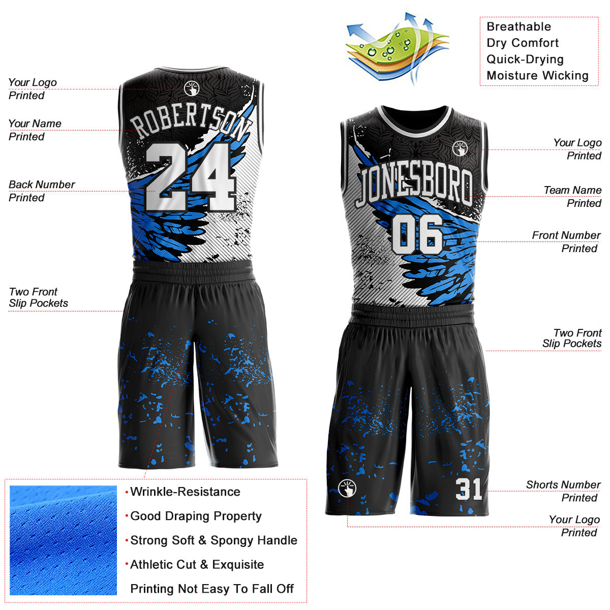Custom Black White-Blue Wing Splash Ink Boho Style Round Neck Sublimation Basketball Uniform Jersey view 2