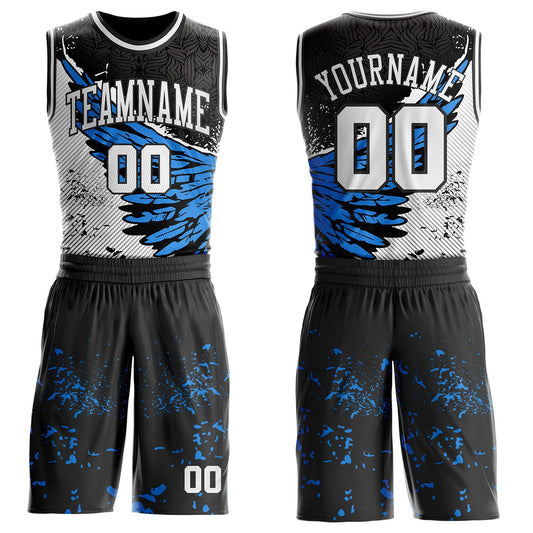 Custom Black White-Blue Wing Splash Ink Boho Style Round Neck Sublimation Basketball Uniform Jersey - Main View