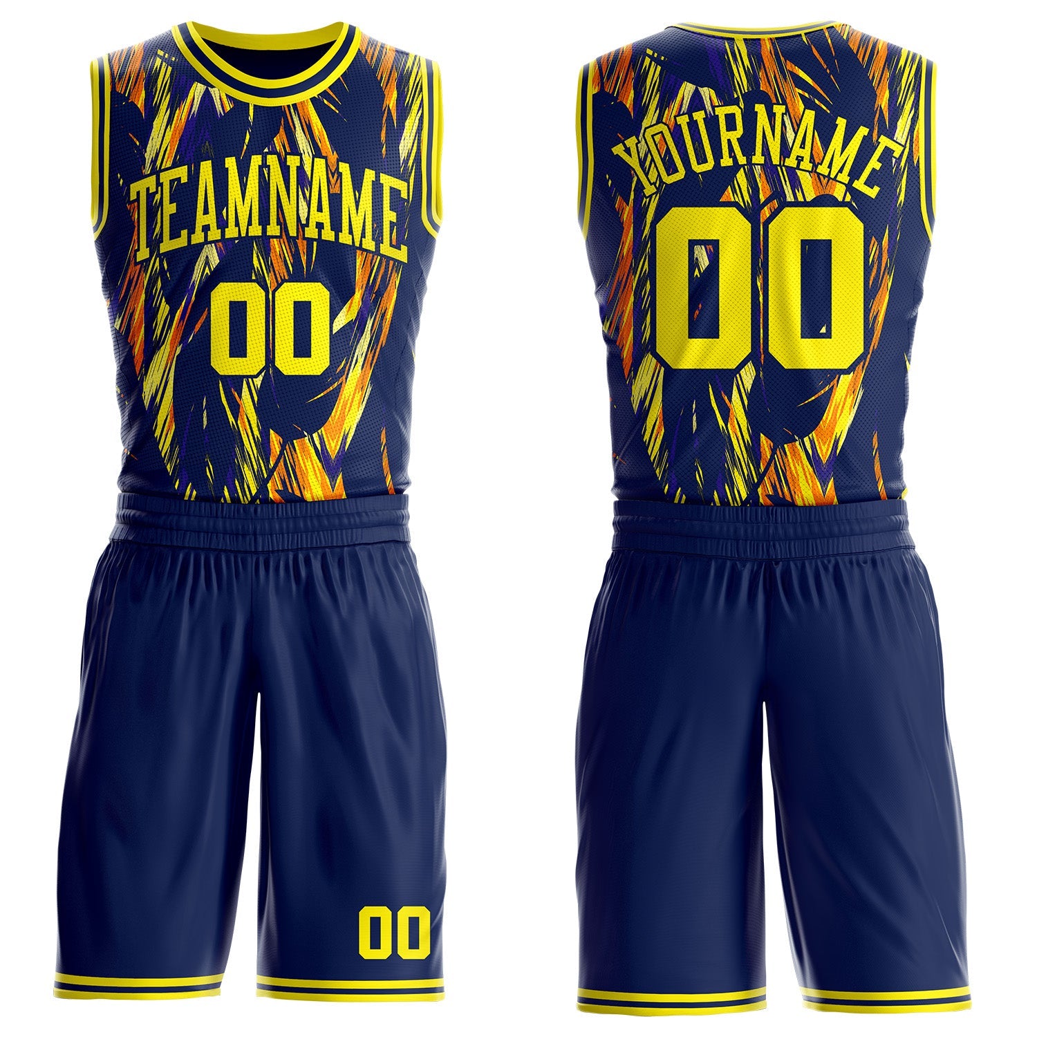 Custom Navy-Light Yellow Wing Brush Stroke Boho Style Round Neck Sublimation Basketball Uniform Jersey - Main View