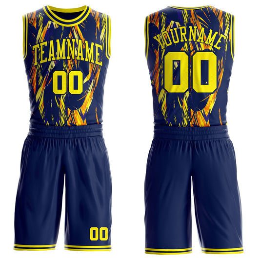 Custom Navy-Light Yellow Wing Brush Stroke Boho Style Round Neck Sublimation Basketball Uniform Jersey - Main View