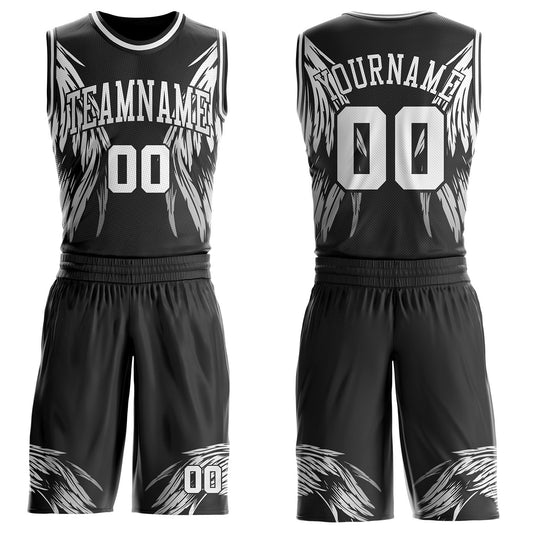 Custom Black-White Eagle Wing Boho Style Round Neck Sublimation Basketball Uniform Jersey - Main View